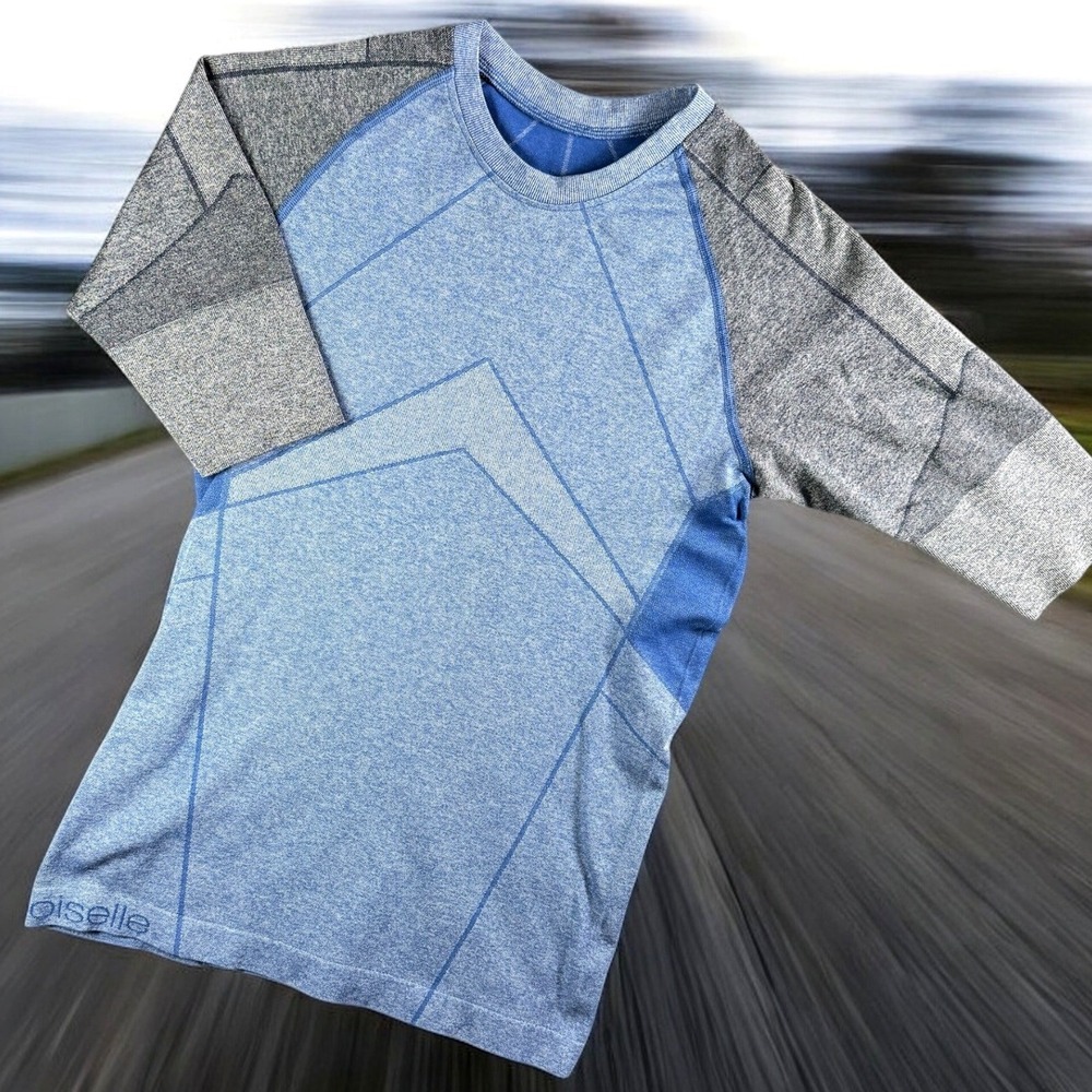 Oiselle Shirt Women S/P‎ Blue 3/4 Sleeve Grey Seamless Knit Running Athletic